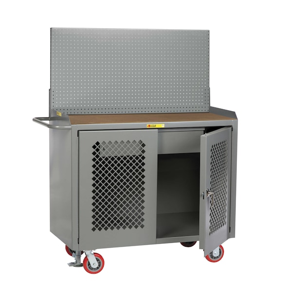 Mobile Bench, Perf Doors, 36"W, HD Drawer, Pegboard, 1/4" Hardboard